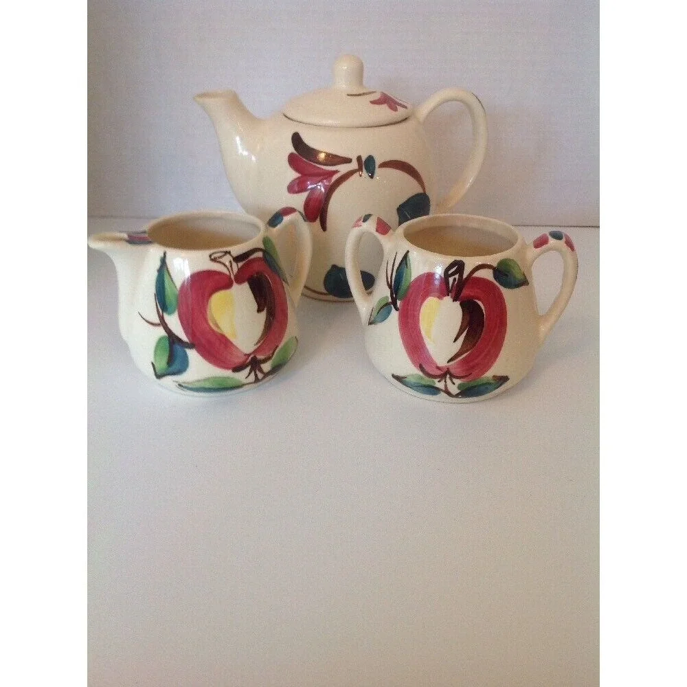 Purinton Apple Pottery slipware Tea/coffee pot with lid, Creamer& Sugar 3‎ piece